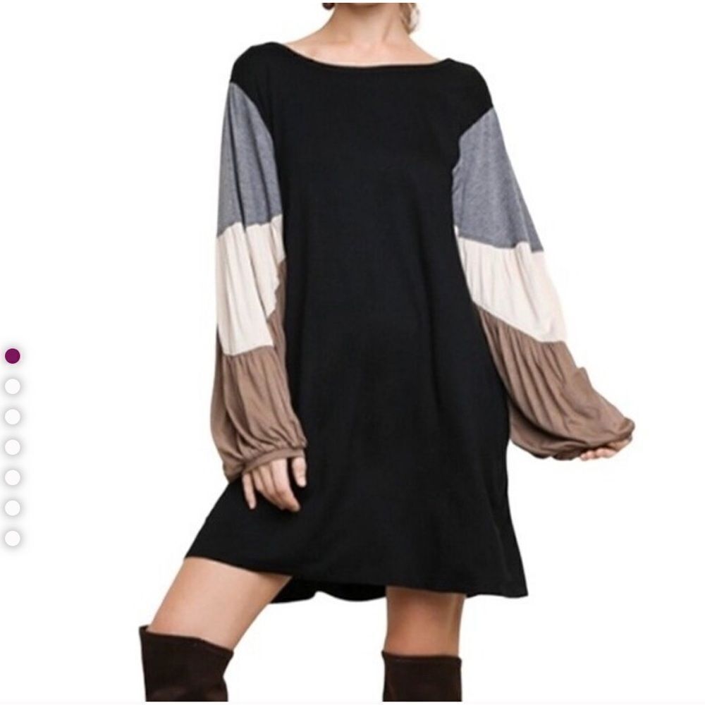 UMGEE Boho Black Balloon Sleeve Dress Pockets